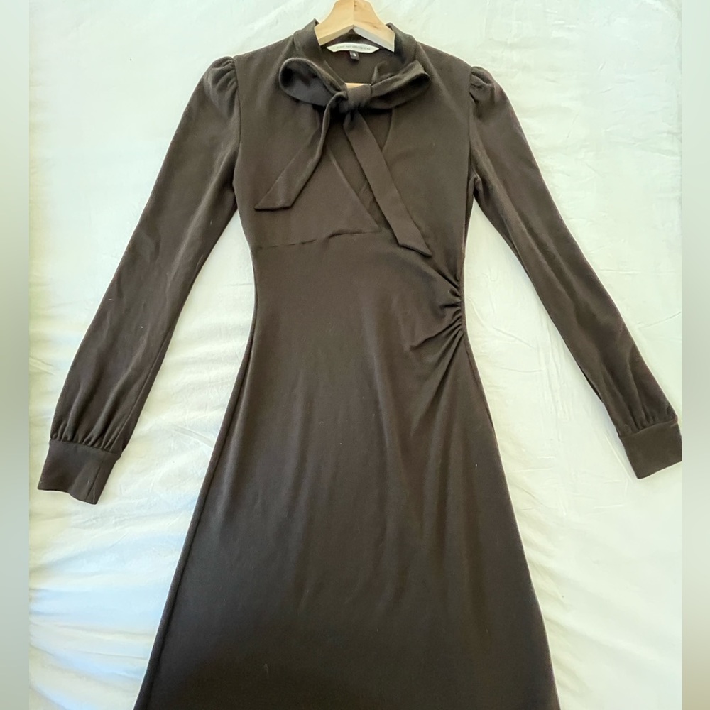Diane Von Furstenberg Dark Brown Long Sleeve Tie-Neck Dress